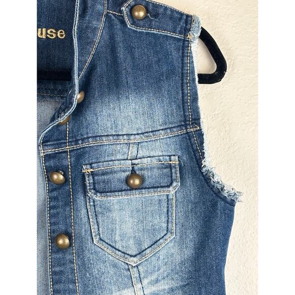 Dollhouse Distressed Denim Vest with Brass Toned Buttons and Frayed Seams Sz. S - Picture 3 of 8